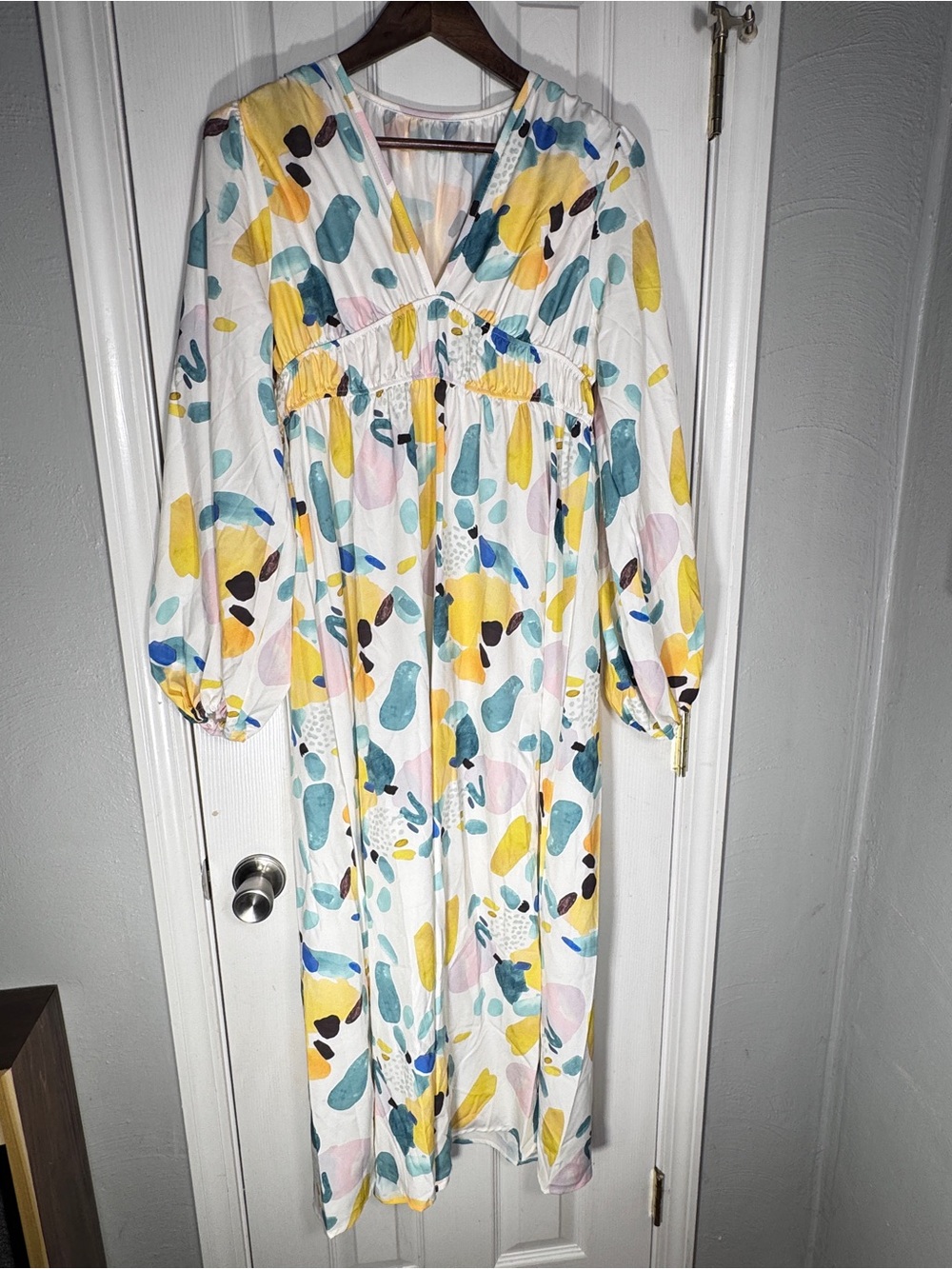 Abstract Watercolor Print Long Sleeve Empire Stretch Waist Maxi Dress Size Large